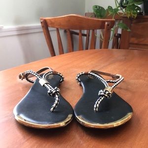 Women’s Size 8.5 Black/white Sandals, Gold accents